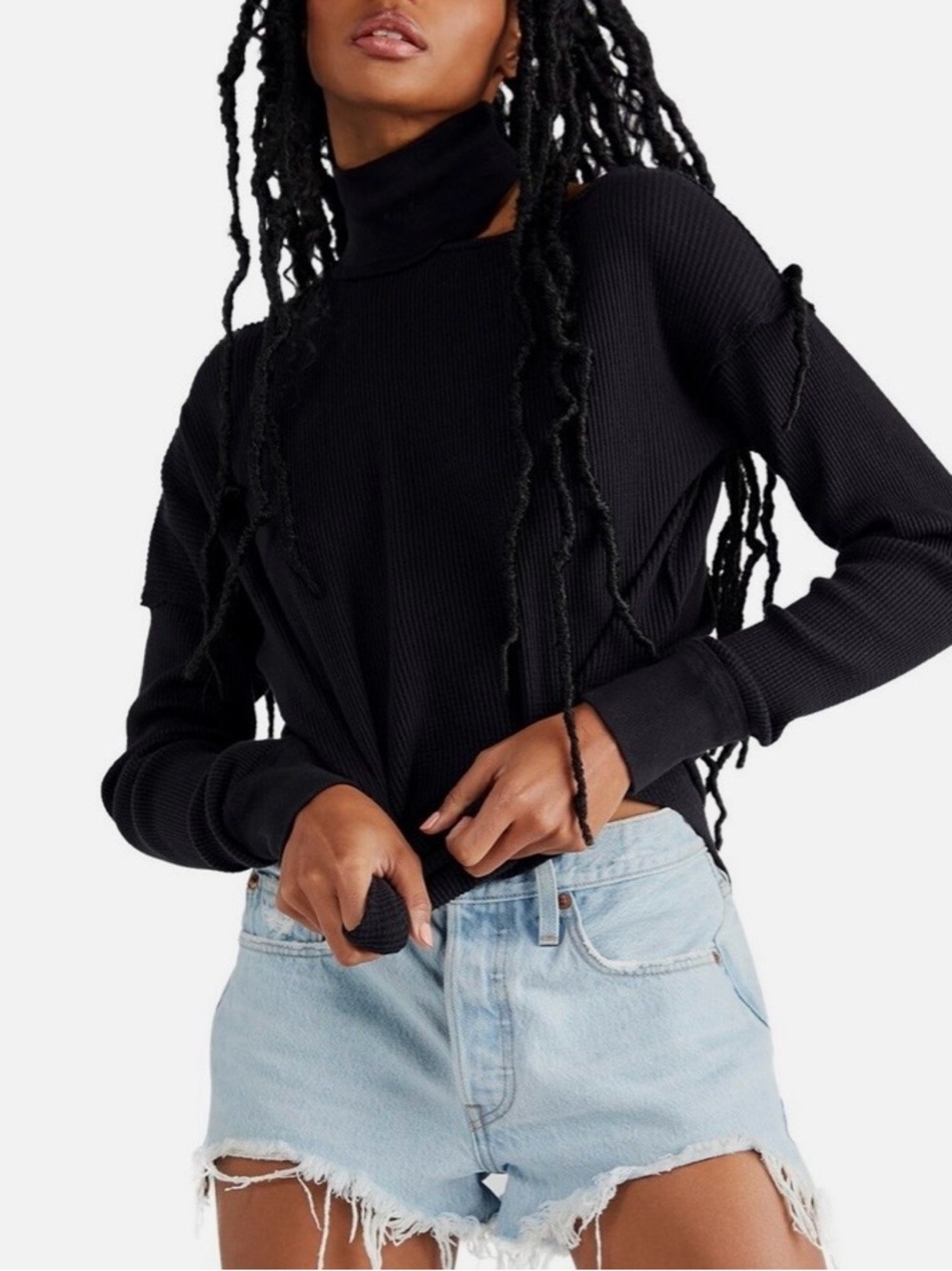 Free People Just For You Cutout Waffle Knit Thermal Turtleneck Black, Oversized